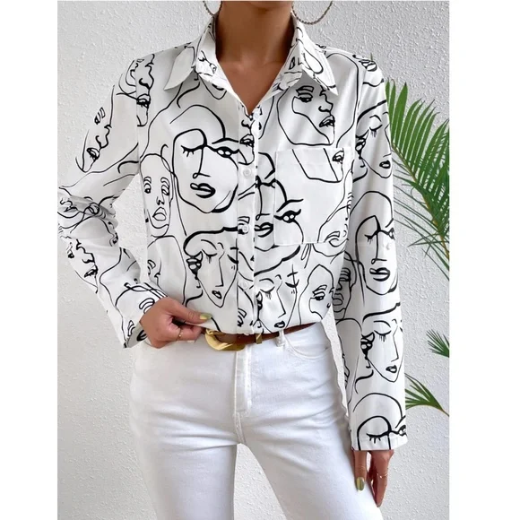 Abstract Face Print White Button Up Down Shirt Chest Pocket Long Sleeve - Picture 6 of 8